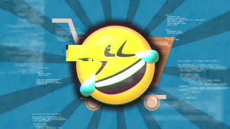 effetto glitch sull'emoji della faccia che ride contro l'icona del carrello della spesa sullo sfondo radiale blu