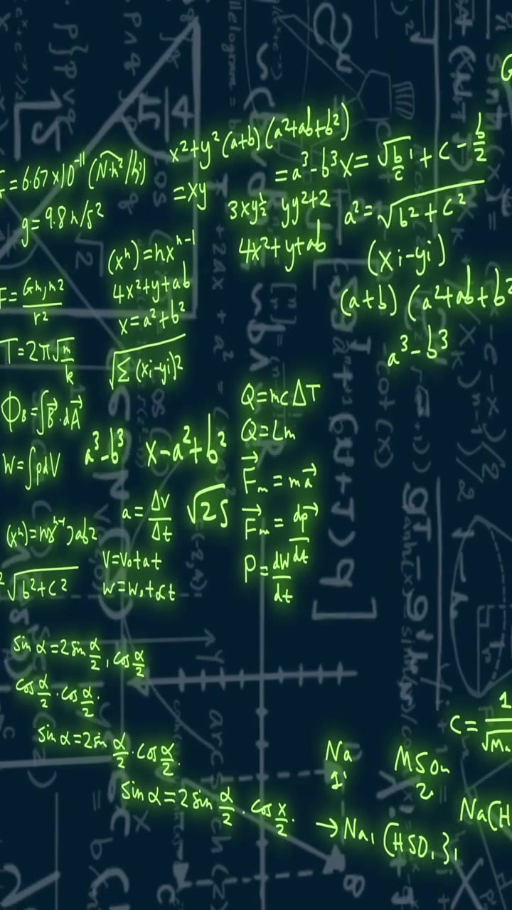 Animation of mathematical formulae and scientific data processing over black background