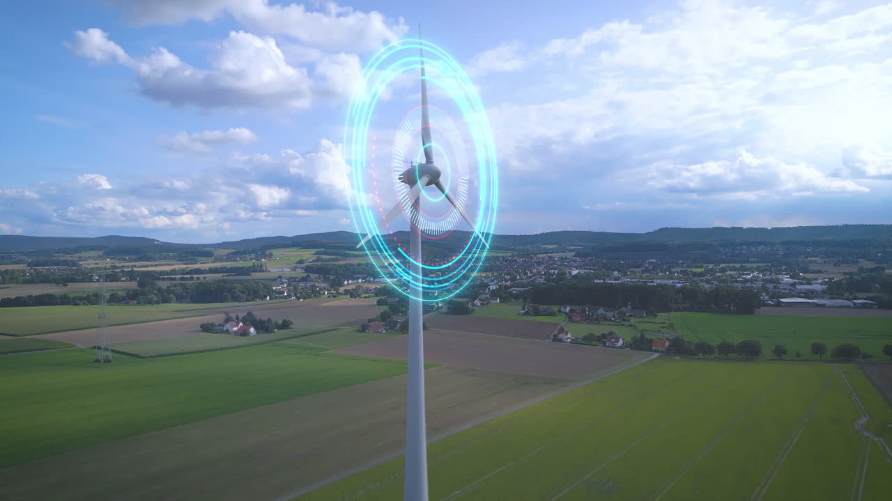 디지털 에너지 라인은  ⁇ 빛 농업 풍경에서 풍력 터빈의 회전 프로펠러를 보여줍니다.