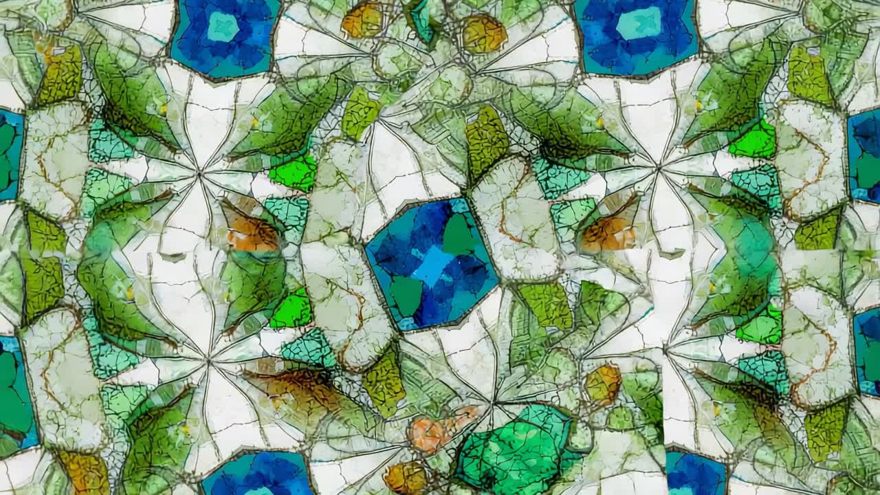 Rotating kaleidoscope display showing central blue polygon and shifting green or teal or orange frag