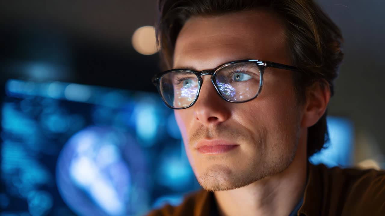 Focused Innovator Analyzing Data Trends with Digital Displays in Background, Surrounded by High-Tech Visualizations of Information Analytics, Capturing the Essence of Modern Research and Insight