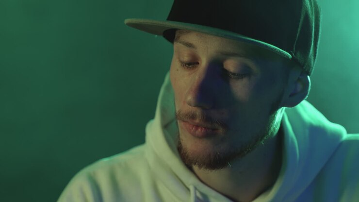 Ritratto di un uomo moderno con berretto su uno sfondo colorato con luci al neon. Primo piano.