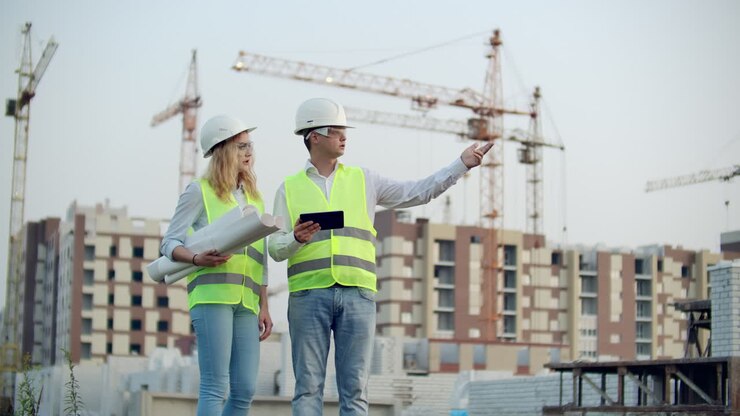 Adult engineer man and architect woman uses a tablet in operation. Writes a message or checks a drawing. Against background is building. See neighborhood and drawings for verification of completed and planned construction works. The work of a crane