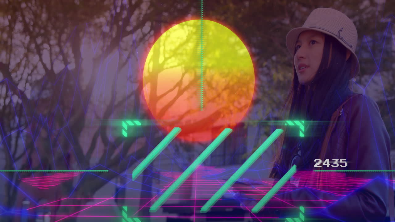 Woman standing on urban sidewalk interacting with holographic AR interface showing sun display 2170