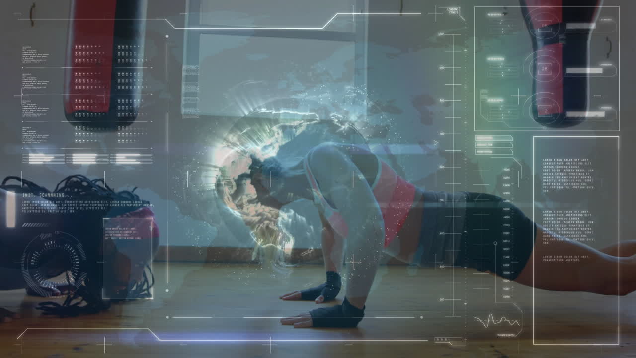 아프리카계 미국인 남성 코치와 함께 운동하는 백인 여성 스포츠 선수에 대한 데이터 처리 애니메이션