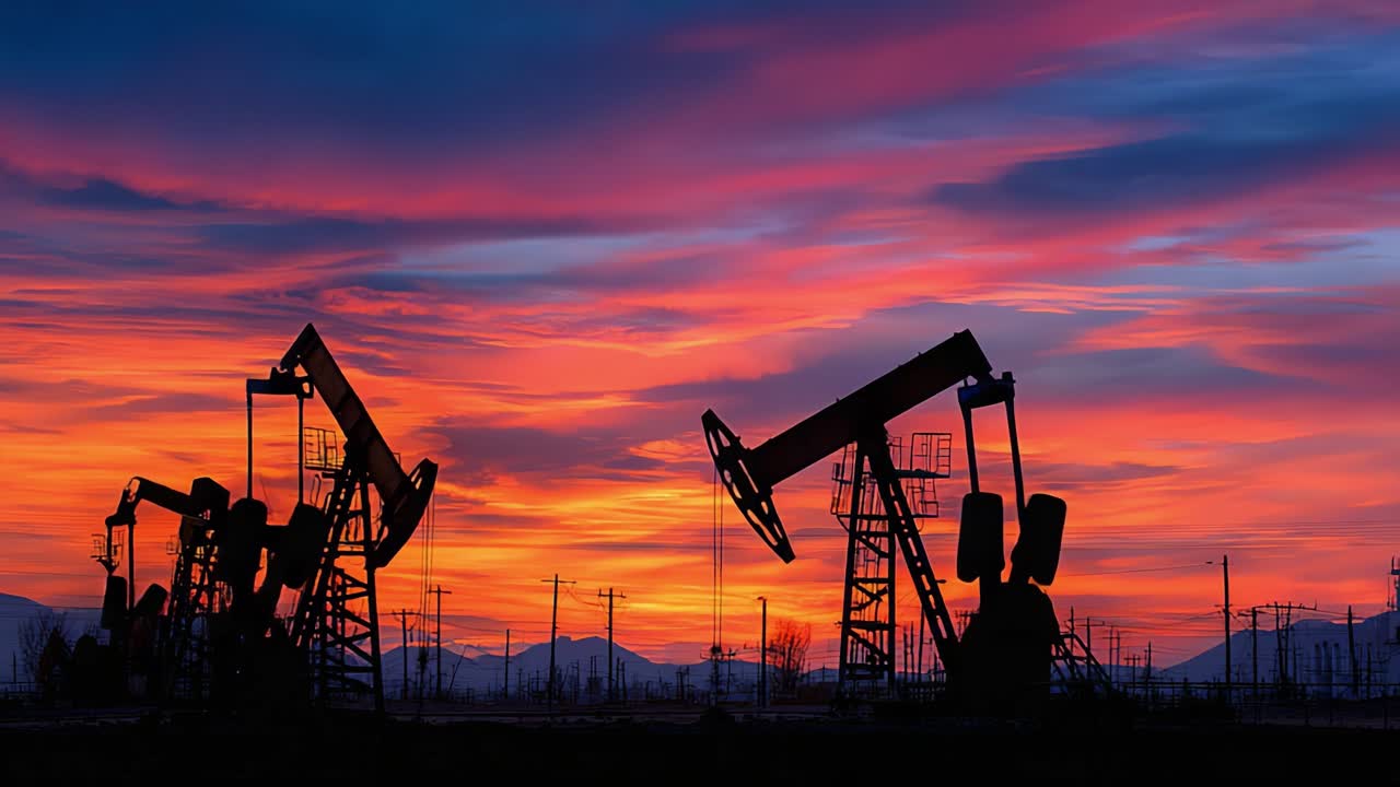 Siluetas de Bombas de Petróleo Contra un Hermoso Cielo al Atardecer con Colores Vibrantes, Capturando la Esencia de la Producción de Energía y la Belleza Natural en Unísono