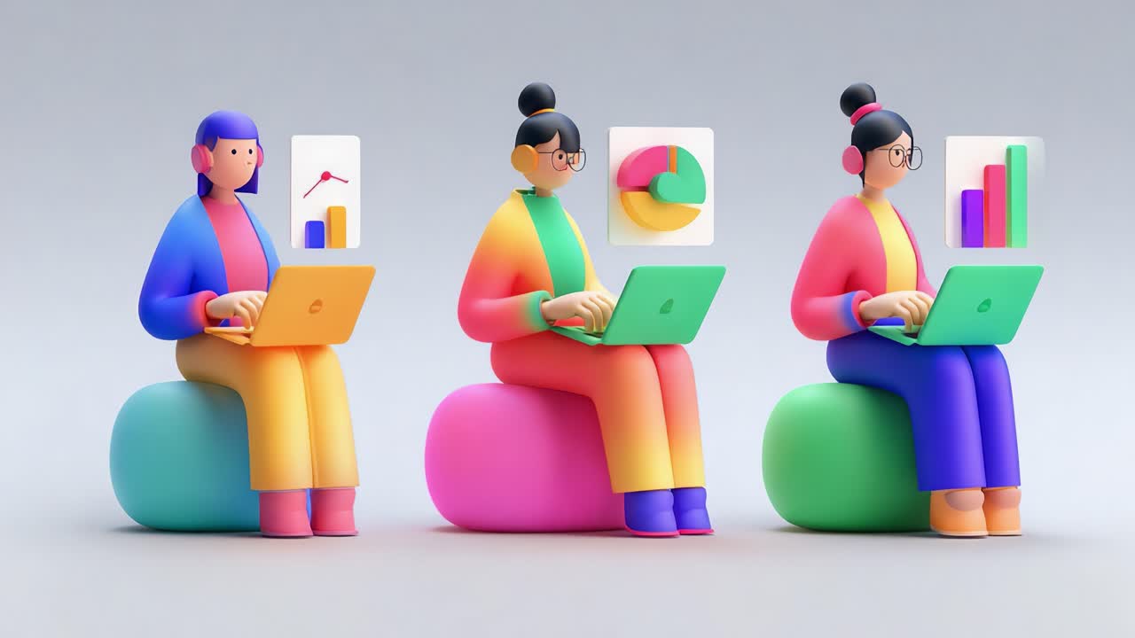 Colorful 3D Render of Stylish Characters Working on Laptops While Analyzing Graphs, Charts, and Data Visualizations in an Engaging Digital Workspace Environment