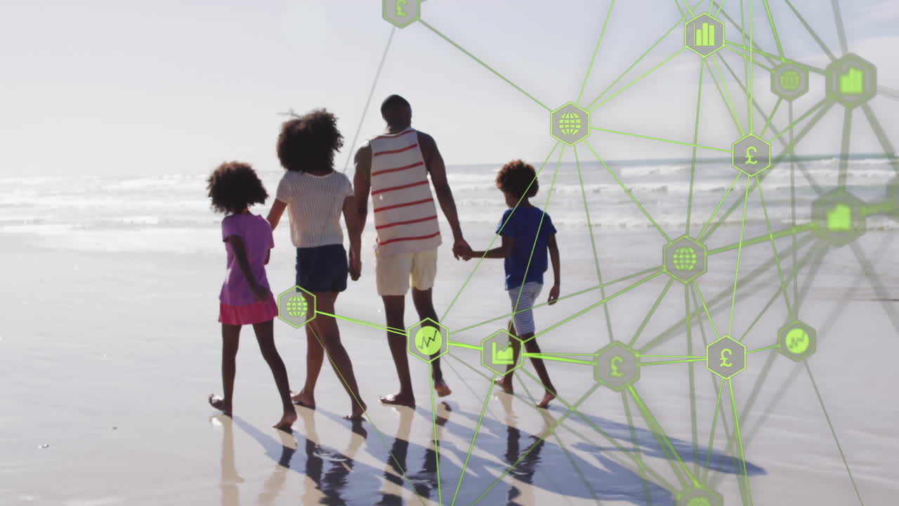 red de iconos financieros y animación de datos sobre la familia caminando por la playa