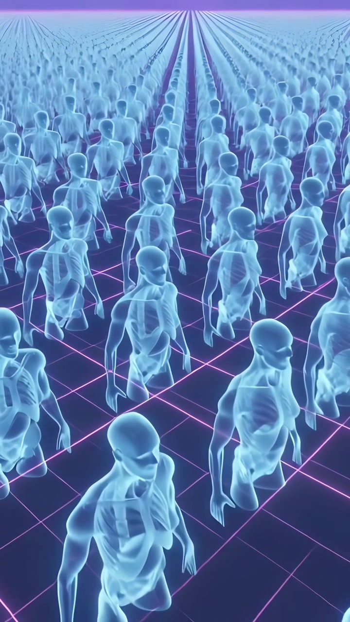 Video verticale: Telecamera che si allontana rivelando file umanoidi su una griglia magenta, mostrando impulsi di luce.