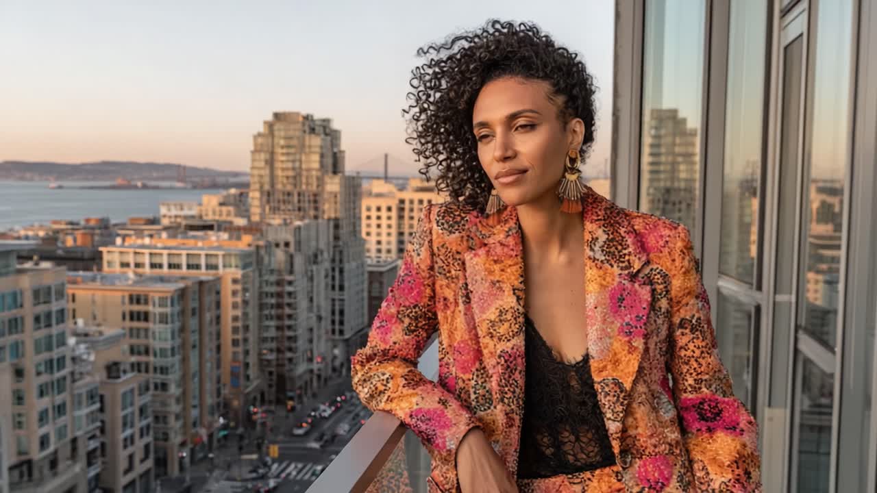 Indivíduo elegante em trajes coloridos na sacada urbana com vista para a paisagem urbana panorâmica ao entardecer com iluminação quente e vibrações urbanas