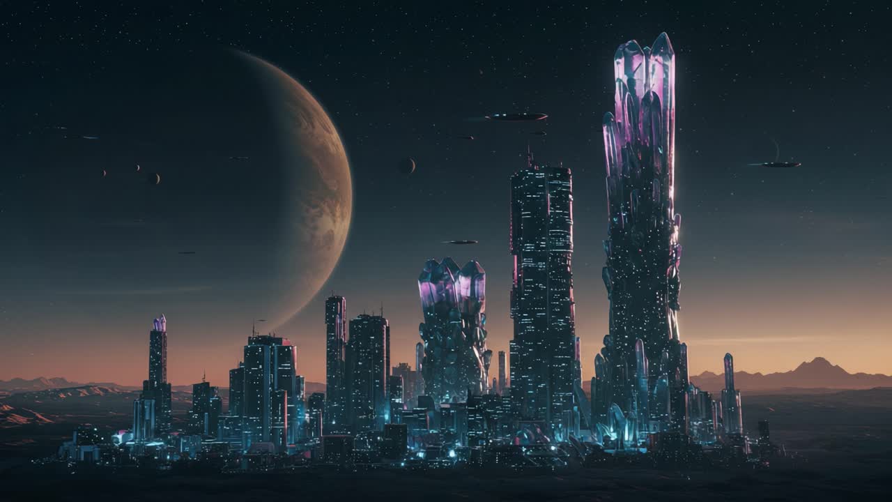 A Stunning Futuristic Cityscape Under a Celestial Sky: Towering Structures Reflecting Neon Lights and an Enigmatic Planet in a Distant Galaxy, Evoking a Sense of Wonder and Innovation