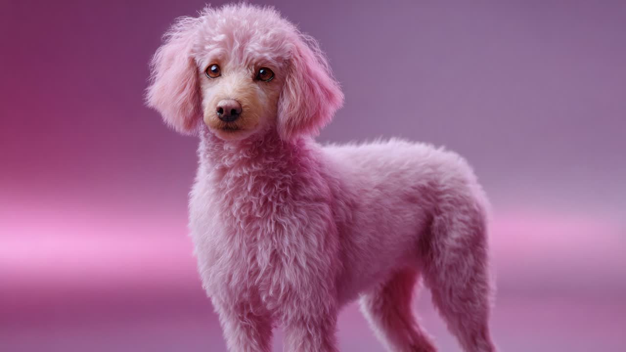 Pembe, tüylü bir köpek, mor tonlarında yumuşak bir renk geçişi arka planı önünde kendine özgü kürkü ve oyuncu tavrını sergileyerek hayvan severler için mükemmel bir duruş sergiliyor