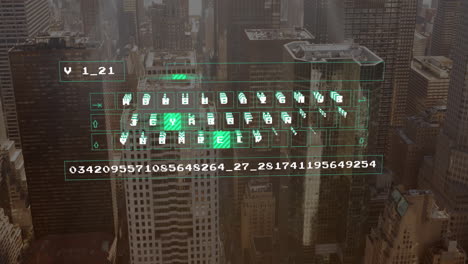 digital code and data processing animation over cityscape with tall buildings
