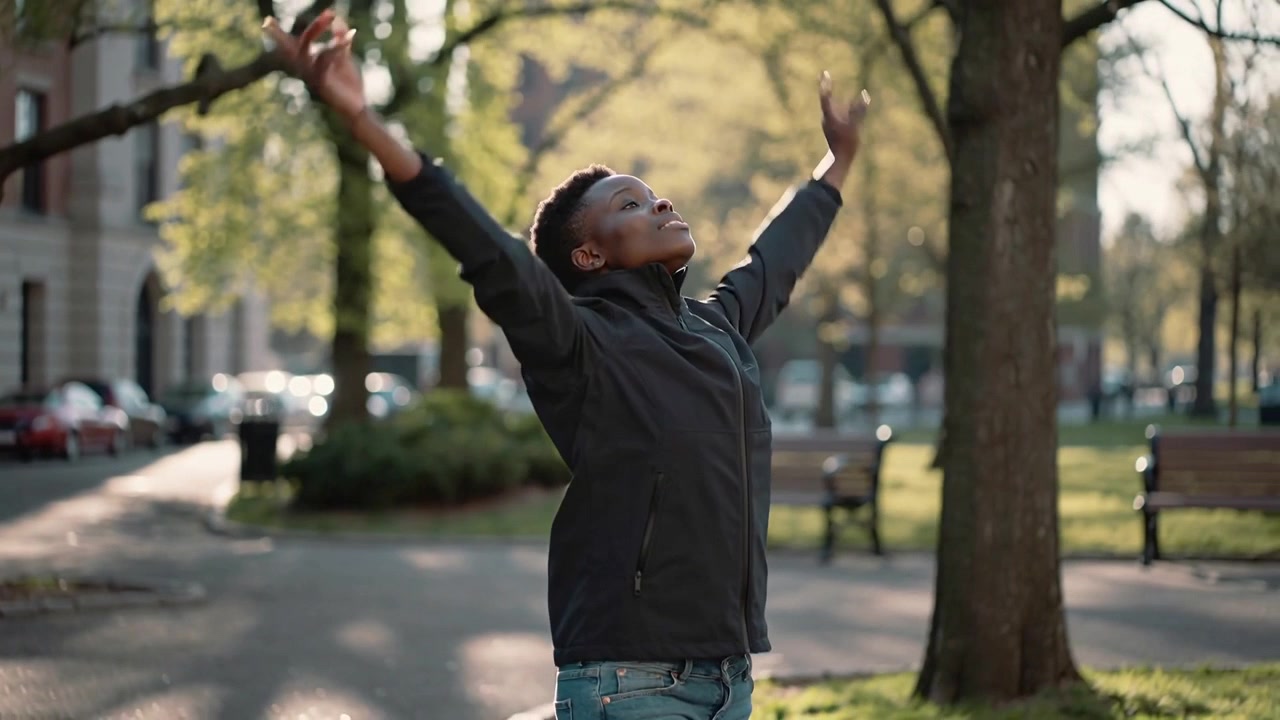 Stretching teen male wearing jacket, jeans raising arms high among trees near bench, taking in sun