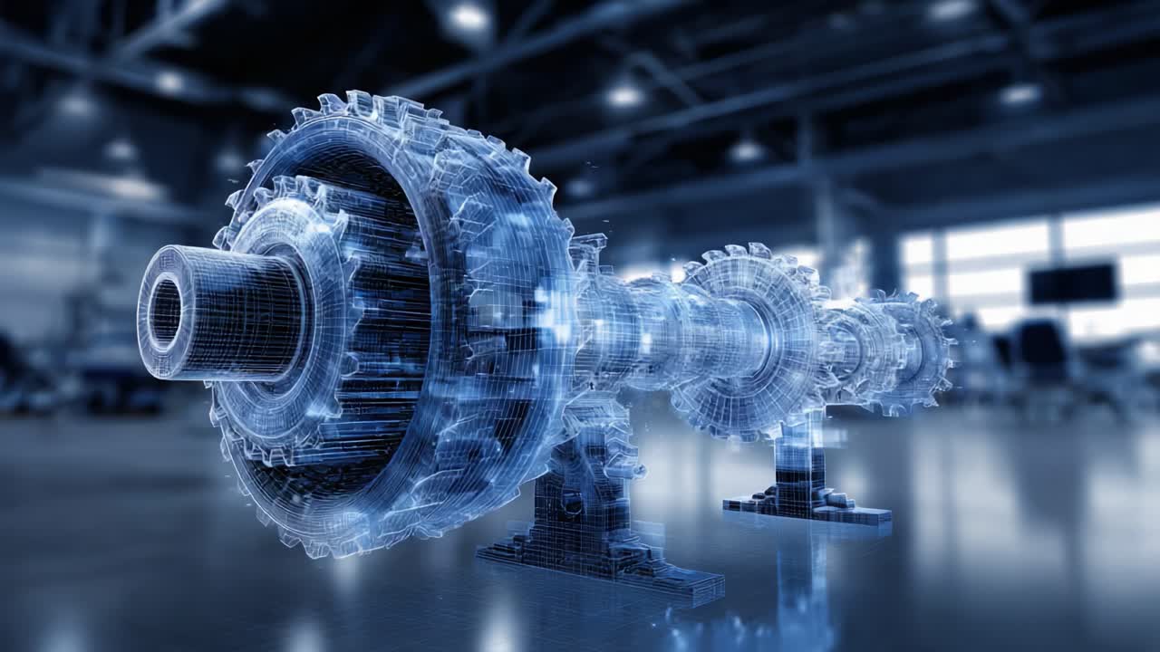 Advanced Digital Representation of an Engine Component Featuring Detailed Wireframe Design and High-Tech Visualization Techniques for Industrial Applications