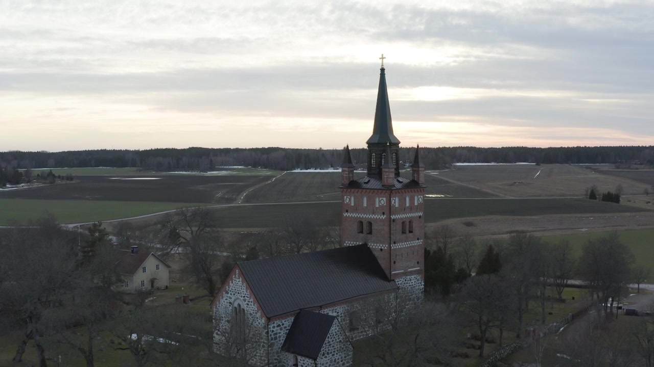 4k footage of church in sweden at sunset.