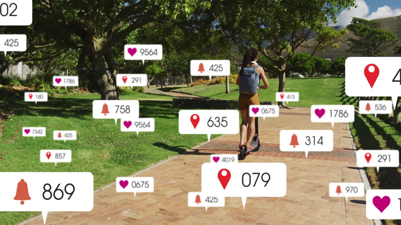 Social media notifications animation over person riding scooter in park