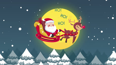 santa claus and reindeer on a sleigh at night