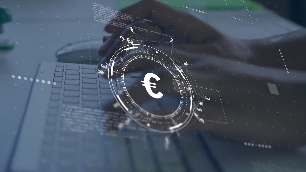 animazione del segno dell'euro, rete e elaborazione dei dati su donna caucasica che utilizza un portatile