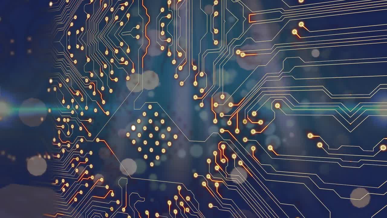 마이크로프로세서 연결의 애니메이션은 파란색 배경에 떠다니는 빛의 점 위에 있습니다.