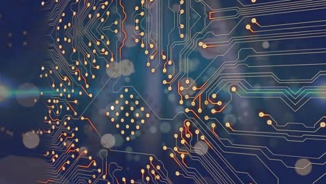 animación de las conexiones del microprocesador sobre puntos de luz que flotan contra un fondo azul