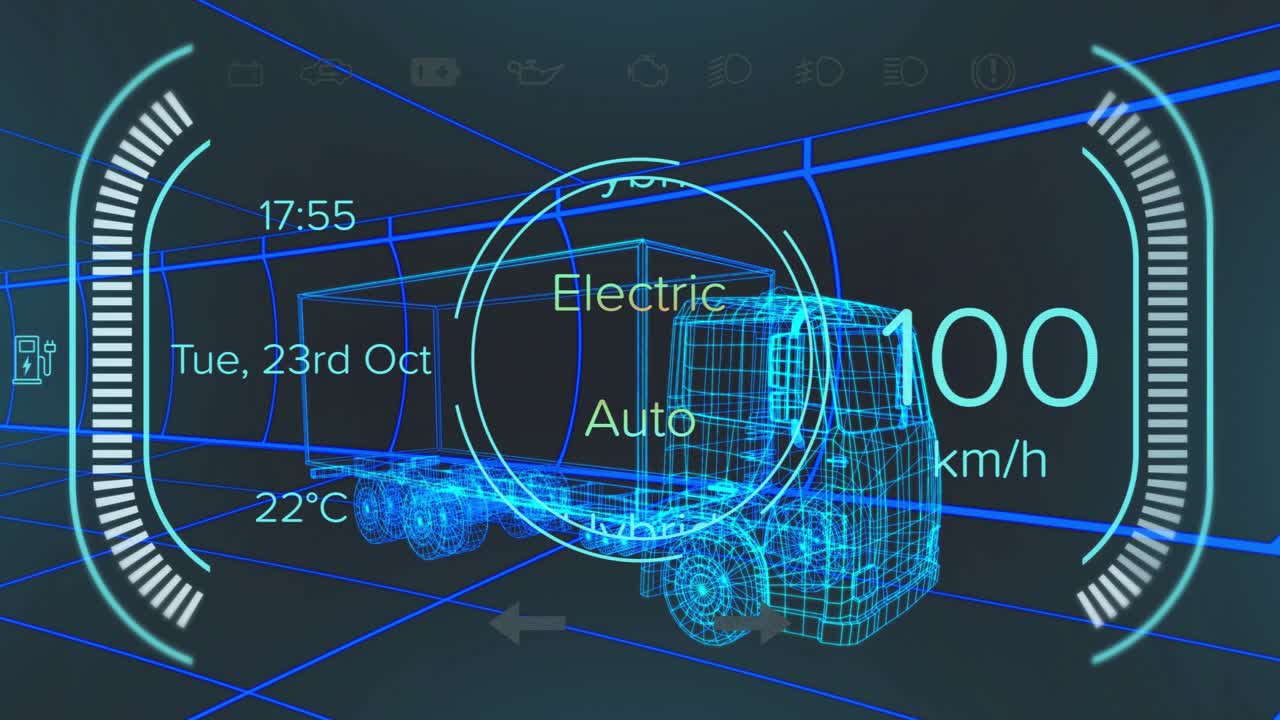 With time hitting 17:55 wireframe truck accelerating and cycling power modes showing performance