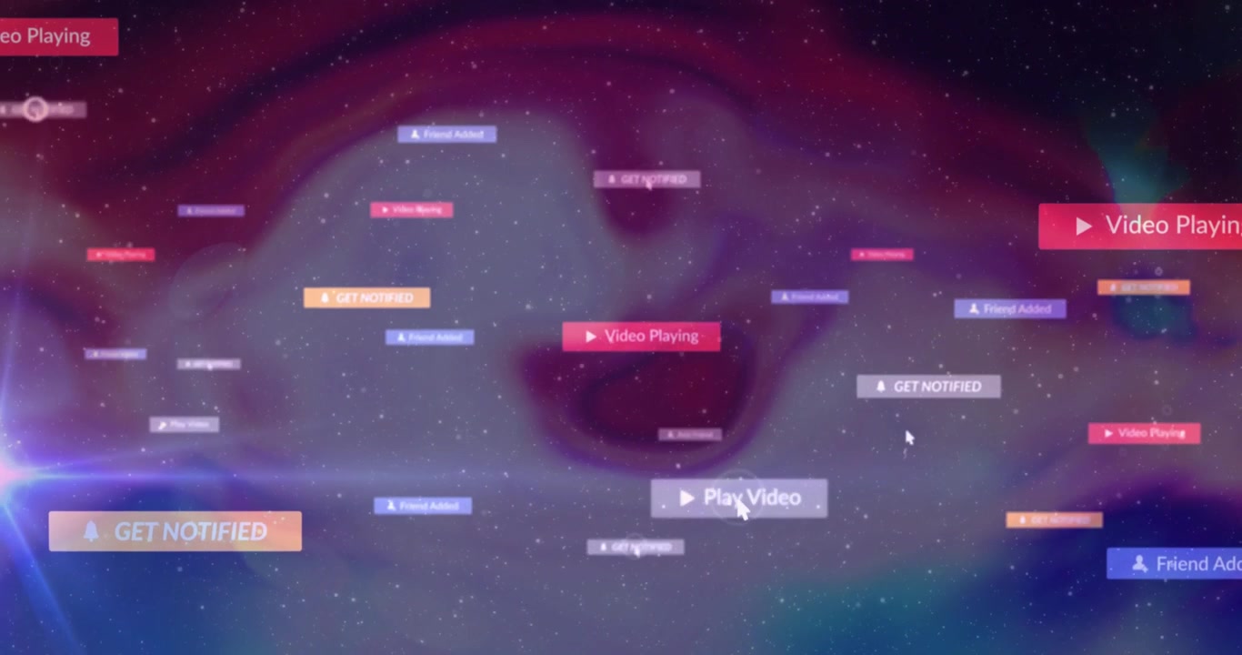 UI notification labels floating over purple pink nebula, showcasing GET NOTIFIED bell icon motion