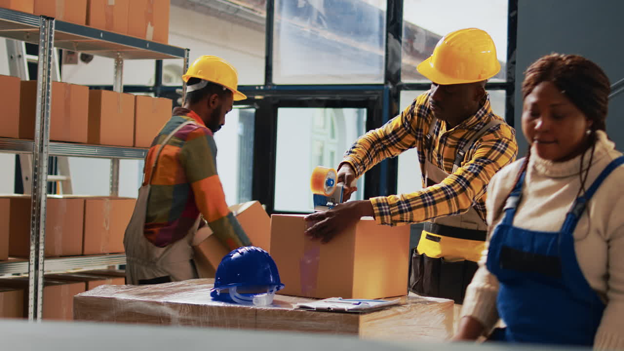 상자를 포장하는 창고 노동자