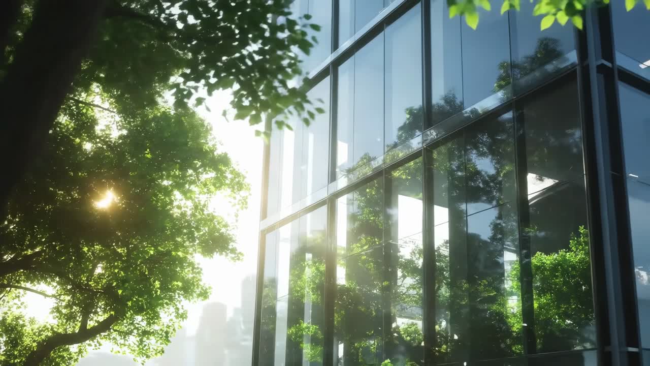 Vegetação urbana ensolarada com vista em ângulo baixo, perfeita para um vídeo sereno e ecologicamente correto.