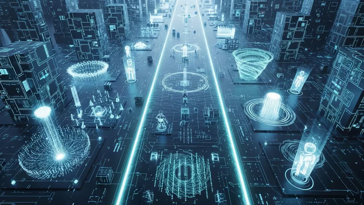 Futuristic Digital Cityscape with Luminous Technological Elements and Holographic Projections Illuminating a Modern Urban Environment