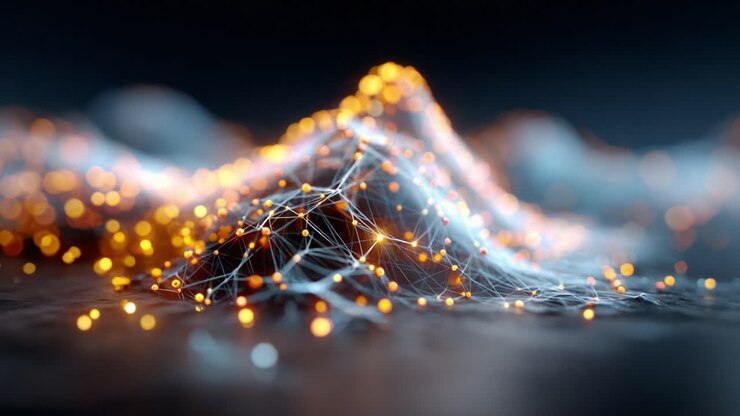 Captivating Visualization of a Networked Landscape Illuminated by Glowing Orbs, Showcasing the Interplay of Light and Textures in a 3D Setting