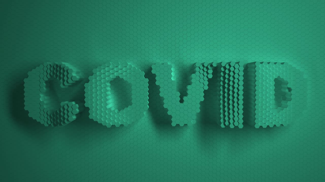 Covid 3d texts about the pandemic modern background. Green mosaic surface with moving hexagons.. Logo, text. Cells. Wave. the 4k loop. animation for a business presentation.