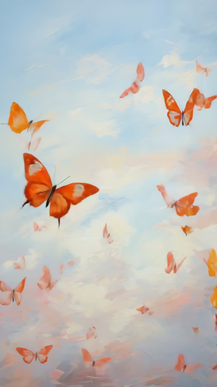 A dreamy, upward angle captures vibrant butterflies against a soft sky, creating a serene video