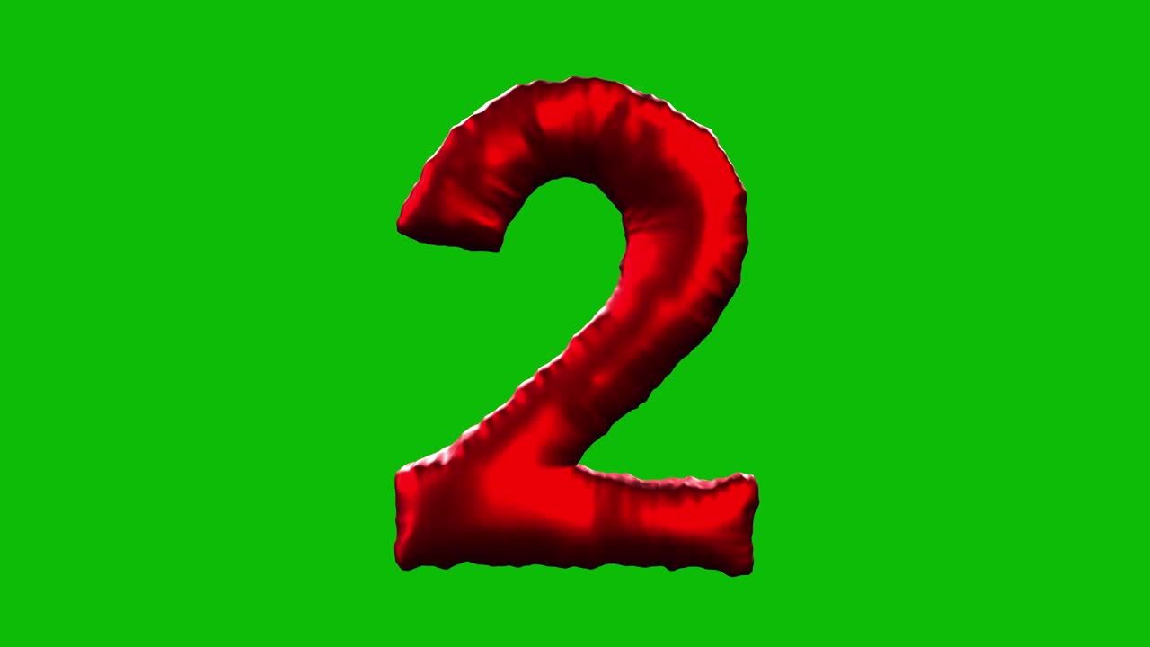 Red Foil balloon number 2 inflates, spins, and reveals on green screen in 3D animation. Ideal for celebrations, parties, birthdays, and video editing projects