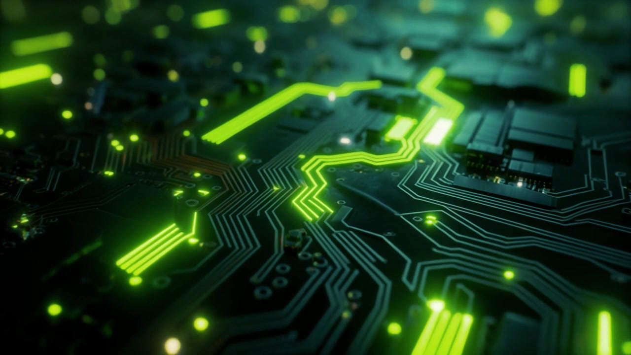 Glowing Green Data Flow on Futuristic Circuit Board