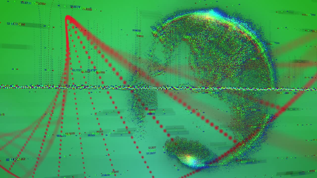 추상적인 배경에서 전 세계에 걸쳐 변하는 숫자 위에 dna 나선을 형성하는 빨간 점의 애니메이션