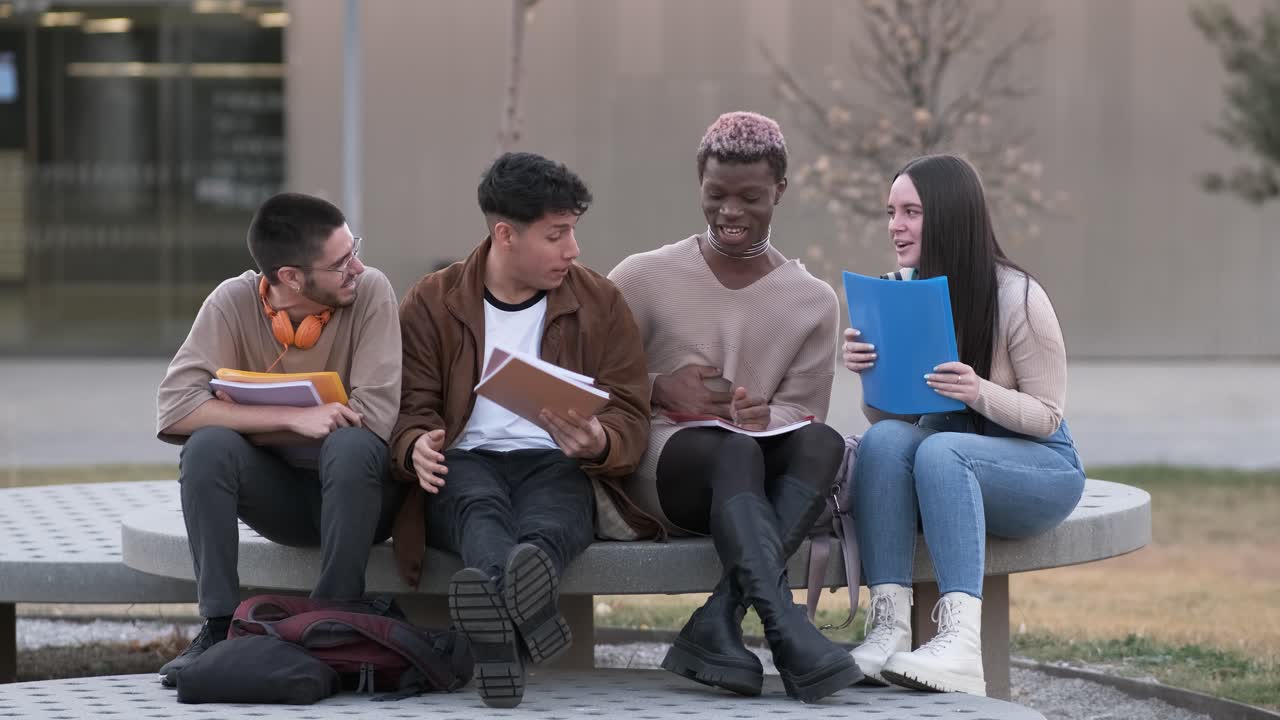 Mangfoldig vennegjeng koser seg mens de prater sammen på universitetet.