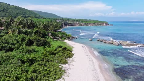 playa de arena blanca tropical vacía, pintoresco panorama de la costa del caribe, desde el aire