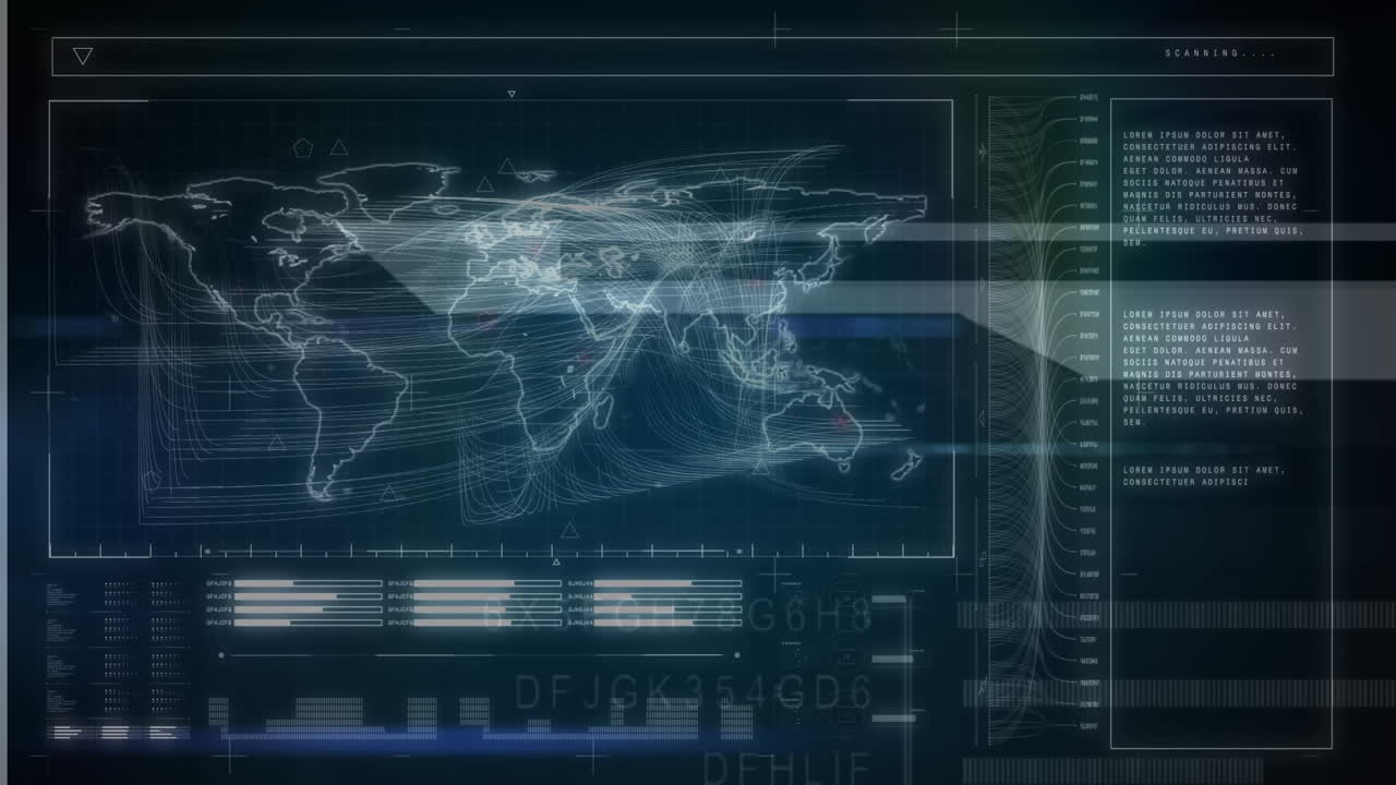 파란색 배경에 대한 데이터 처리 및 세계 지도와의 인터페이스의 애니메이션