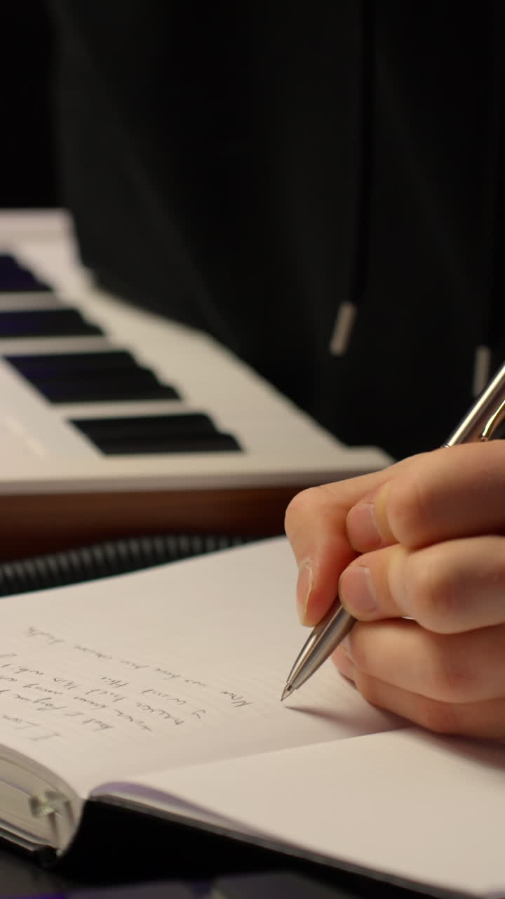 Mani che scrivono appunti per la composizione di testi di canzoni su un quaderno, tastiera compatta sullo sfondo durante una sessione notturna di creazione musicale, verticale