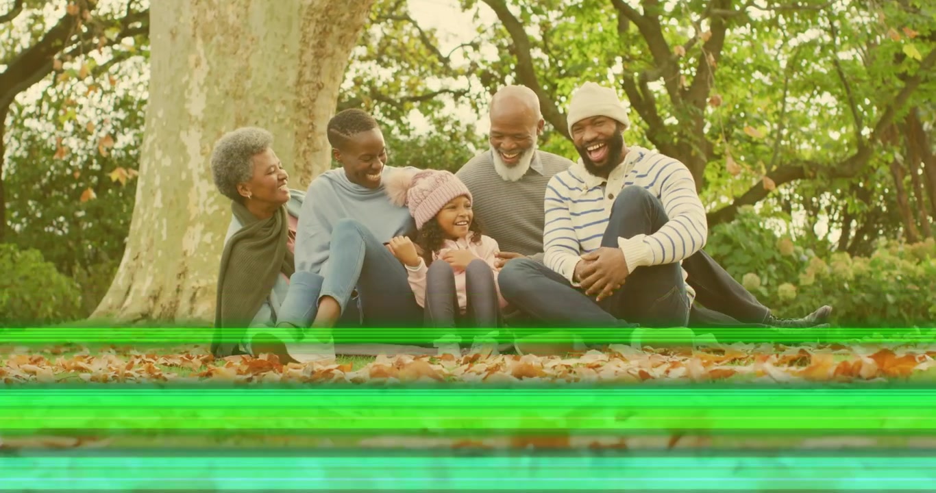 five-member family sitting on blanket in park, man tickling daughter causing giggling in lifestyle