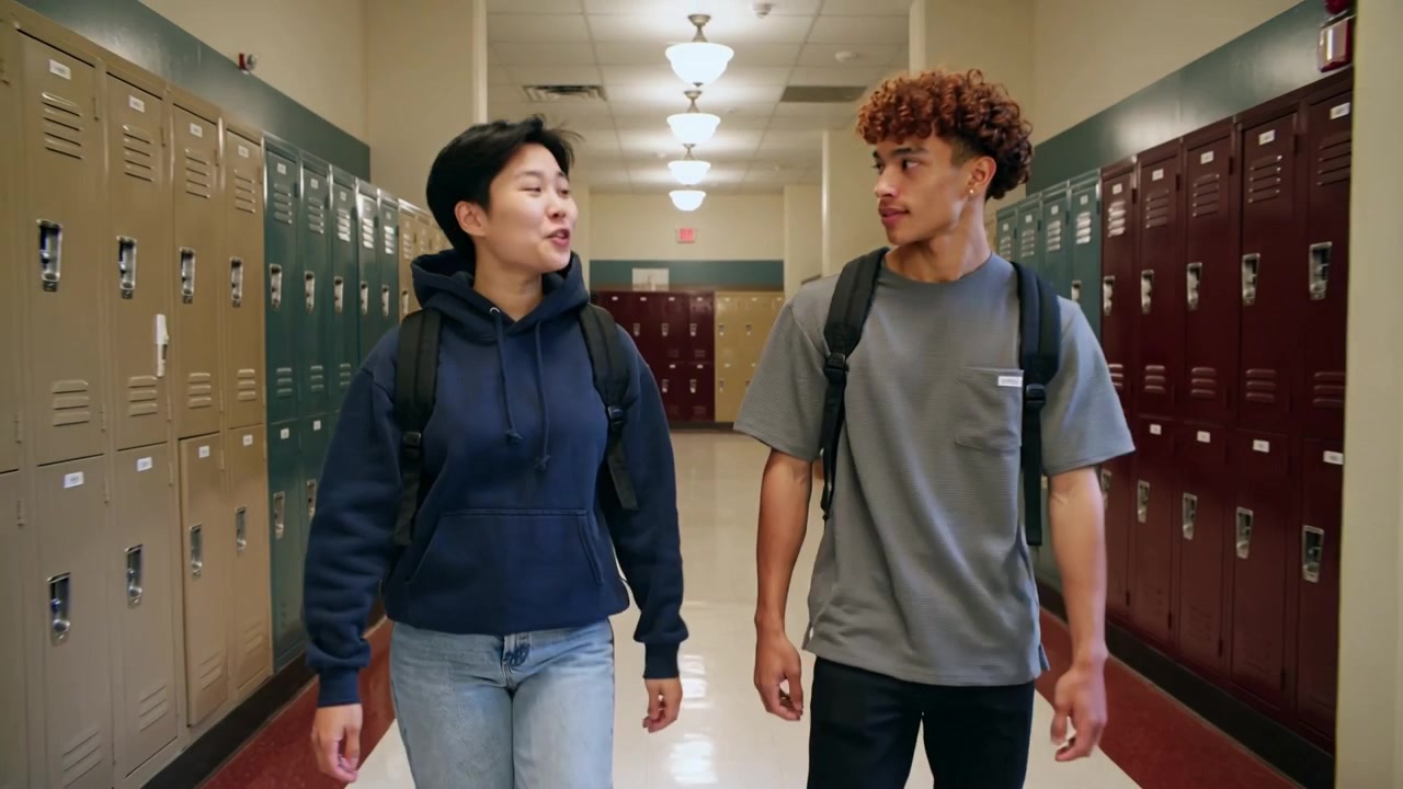 Dois adolescentes caminhando, um de moletom azul-marinho e outro de camiseta cinza, sorrindo e indo para a aula no corredor dos armários, com mochilas.