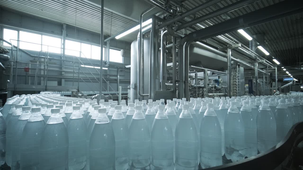 Conveyor belt with bottles of drinking water at a modern beverage plant
