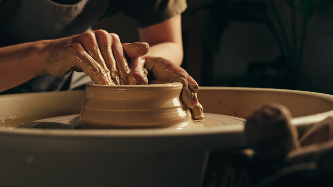 도자기 바 에 점토 를 형성 하는 손 의 클로즈업