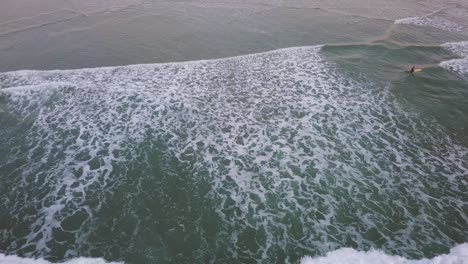 Morro Bay - California, USA. Cinematic aerial track left over waves and surfers with pan up to reveal families at sunset  and shoreline industry. Filmed at sunset on DJI Mavic Pro
