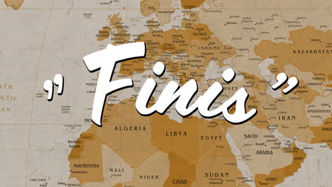 finis sign and a world map