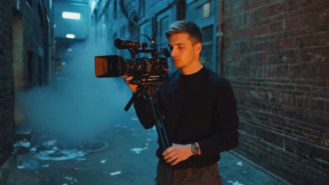 Cameraman filming in an alleyway