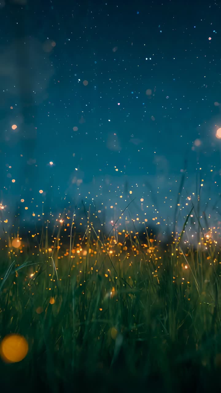 Vertical video: Flickering lights rising above tall grass during dusk-to-night shift, stars