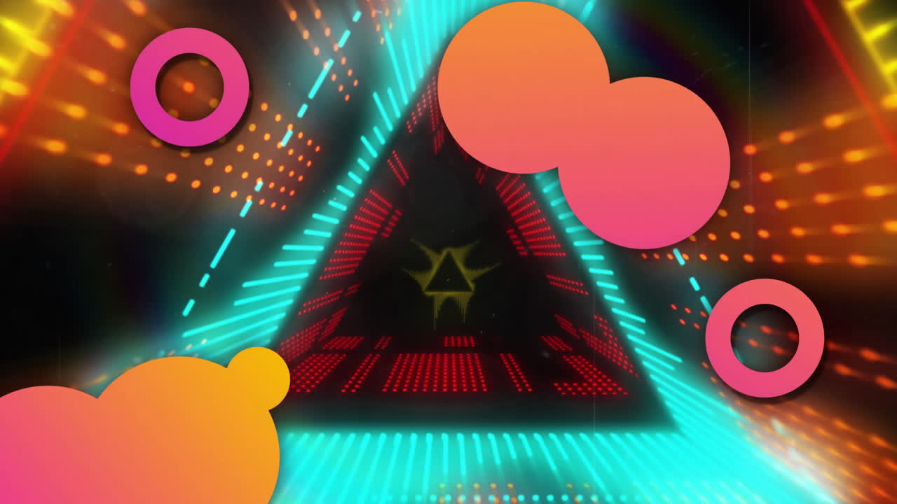Central dotted triangular tunnel being shown in neon stage, framing gradient rings and circles