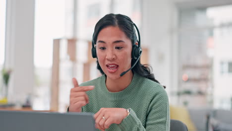 Stress,-customer-support-and-Asian-woman